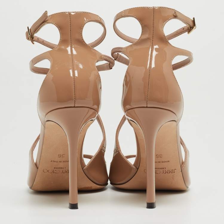 مملوكة مسبقًا Jimmy Choo Beige Patent Leather Azia 95 Ankle Strap Sandals Size 36