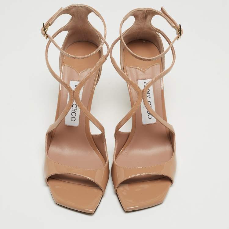 مملوكة مسبقًا Jimmy Choo Beige Patent Leather Azia 95 Ankle Strap Sandals Size 36