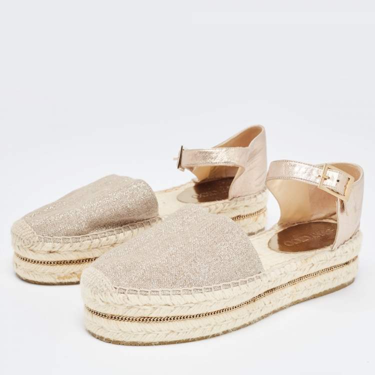 Pre Owned Jimmy Choo Metallic Leather and Glitter Canvas Espadrille Platform Ankle Strap Pumps Size 39