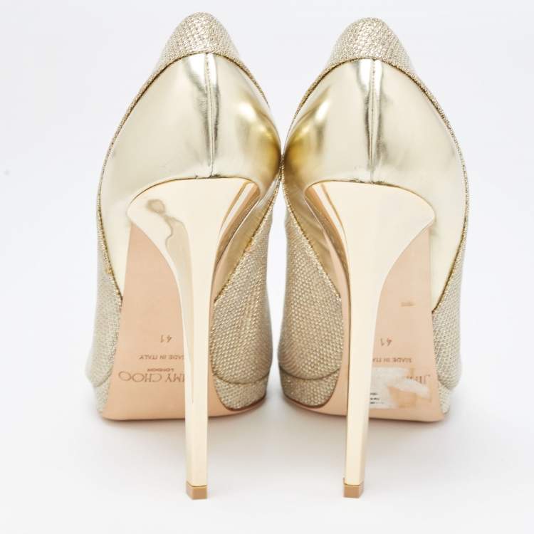 Pre Owned Jimmy Choo Gold Glitter Fabric and Leather Pointed Toe Pumps Size 41