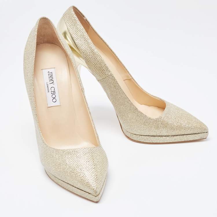 Pre Owned Jimmy Choo Gold Glitter Fabric and Leather Pointed Toe Pumps Size 41
