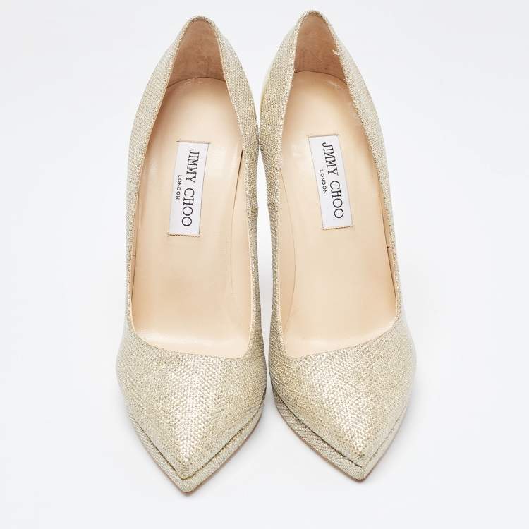 Pre Owned Jimmy Choo Gold Glitter Fabric and Leather Pointed Toe Pumps Size 41