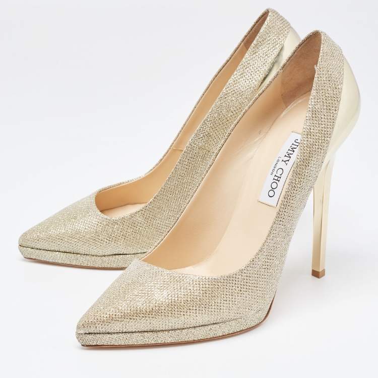 Pre Owned Jimmy Choo Gold Glitter Fabric and Leather Pointed Toe Pumps Size 41