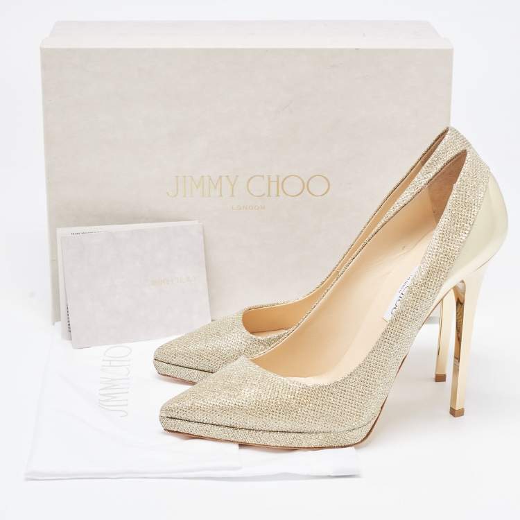 Pre Owned Jimmy Choo Gold Glitter Fabric and Leather Pointed Toe Pumps Size 41