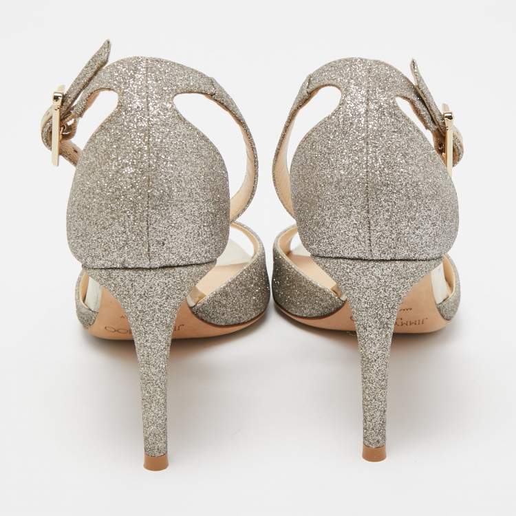 Pre Owned Jimmy Choo Gold Glitter Annie Ankle Strap Sandals Size 35.5