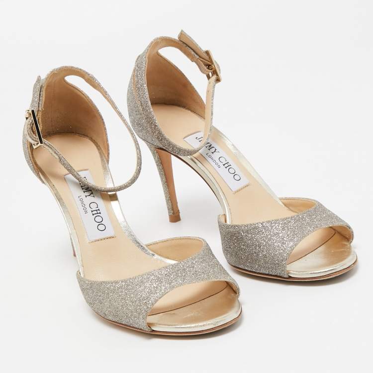 Pre Owned Jimmy Choo Gold Glitter Annie Ankle Strap Sandals Size 35.5