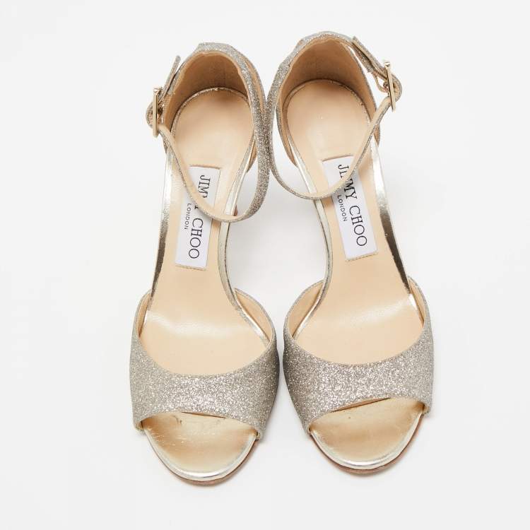 Pre Owned Jimmy Choo Gold Glitter Annie Ankle Strap Sandals Size 35.5