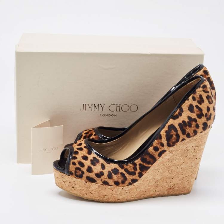Pre Owned Jimmy Choo Brown/Beige Leopard Print Calf Hair and Patent Leather Papina Trim Cork Wedge Platform Pumps Size 39