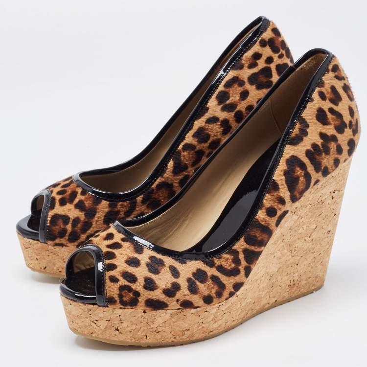 Pre Owned Jimmy Choo Brown/Beige Leopard Print Calf Hair and Patent Leather Papina Trim Cork Wedge Platform Pumps Size 39