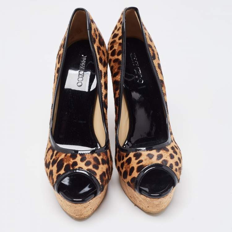Pre Owned Jimmy Choo Brown/Beige Leopard Print Calf Hair and Patent Leather Papina Trim Cork Wedge Platform Pumps Size 39