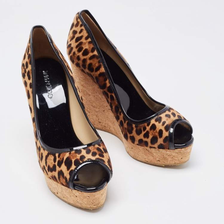 Pre Owned Jimmy Choo Brown/Beige Leopard Print Calf Hair and Patent Leather Papina Trim Cork Wedge Platform Pumps Size 39