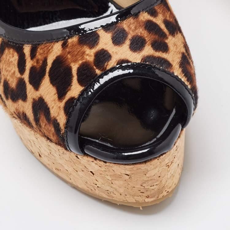 Pre Owned Jimmy Choo Brown/Beige Leopard Print Calf Hair and Patent Leather Papina Trim Cork Wedge Platform Pumps Size 39