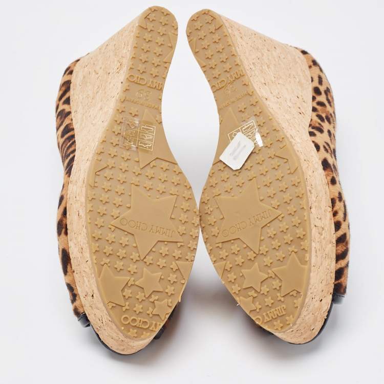 Pre Owned Jimmy Choo Brown/Beige Leopard Print Calf Hair and Patent Leather Papina Trim Cork Wedge Platform Pumps Size 39