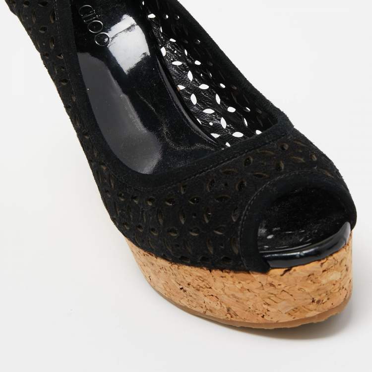 Pre Owned Jimmy Choo Black Suede Cork Wedge Pumps Size 37