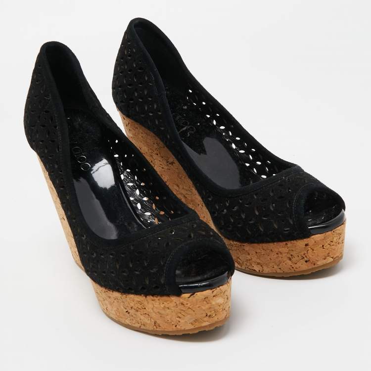 Pre Owned Jimmy Choo Black Suede Cork Wedge Pumps Size 37
