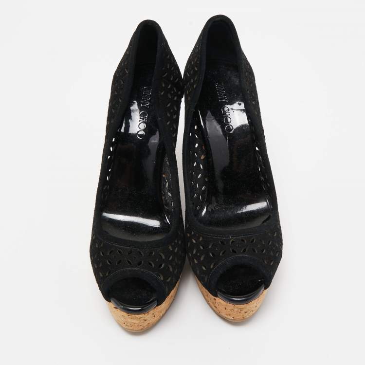 Pre Owned Jimmy Choo Black Suede Cork Wedge Pumps Size 37