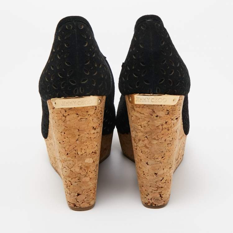 Pre Owned Jimmy Choo Black Suede Cork Wedge Pumps Size 37