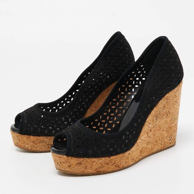 Pre Owned Jimmy Choo Black Suede Cork Wedge Pumps Size 37