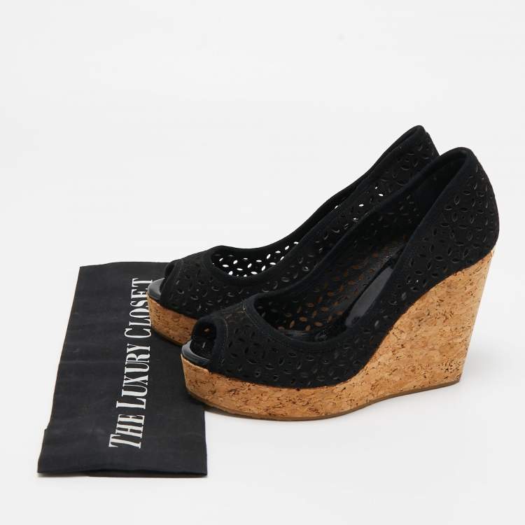 Pre Owned Jimmy Choo Black Suede Cork Wedge Pumps Size 37
