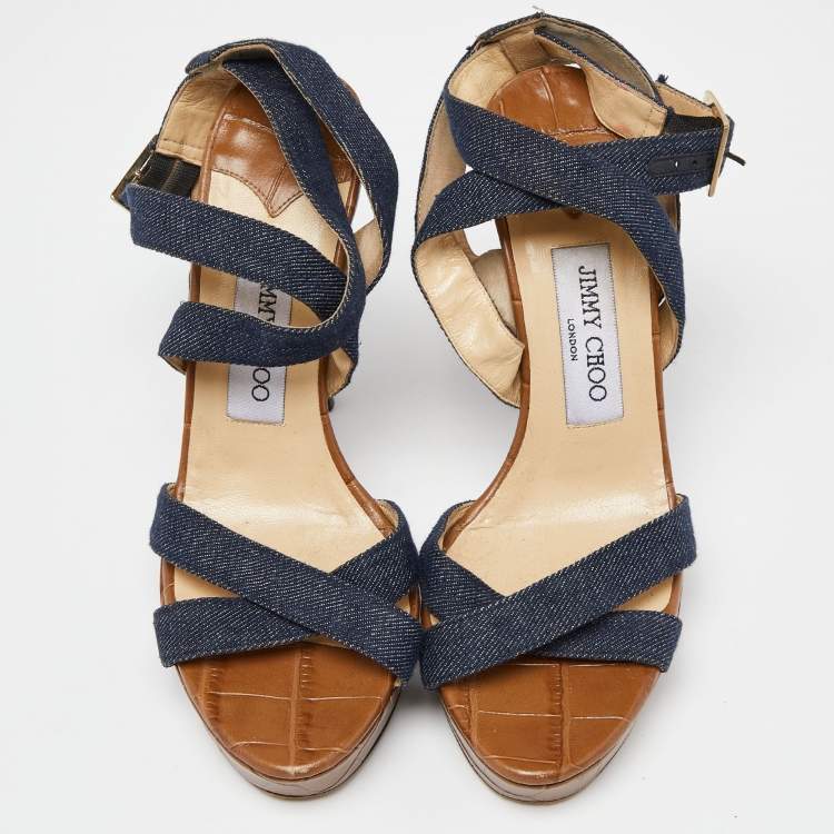 Pre Owned Jimmy Choo Navy Blue Denim Vamp Platform Sandals Size 38