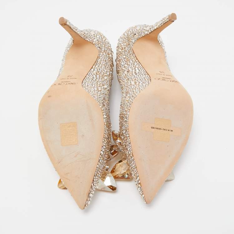 Pre Owned Jimmy Choo Gold Satin Alia Crystal Embellished Pointed Toe Pumps Size 38