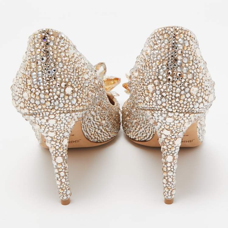 Pre Owned Jimmy Choo Gold Satin Alia Crystal Embellished Pointed Toe Pumps Size 38