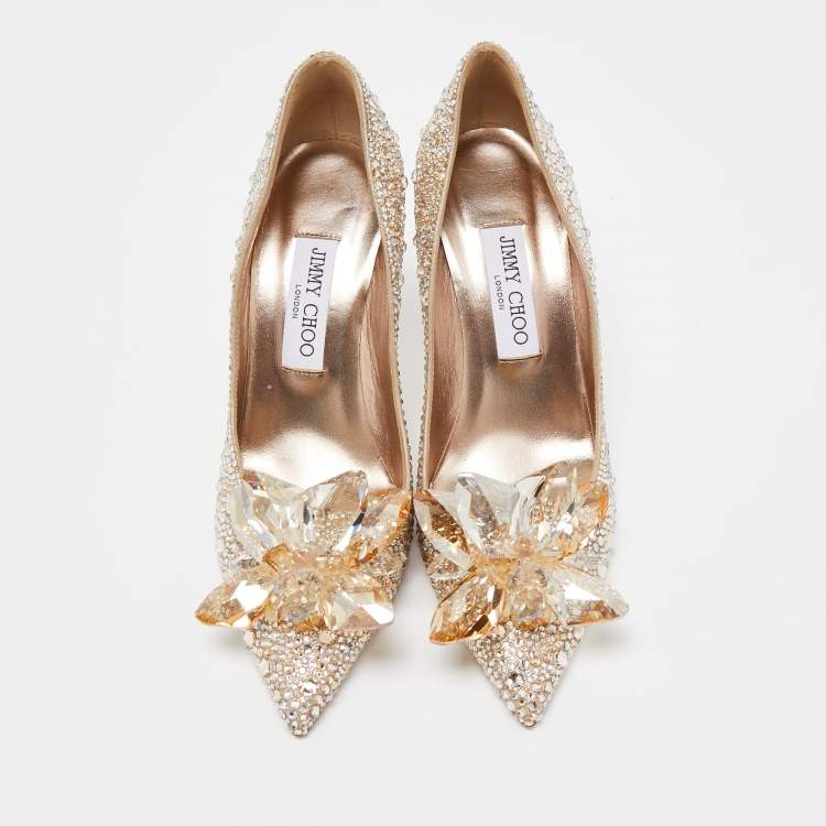 Pre Owned Jimmy Choo Gold Satin Alia Crystal Embellished Pointed Toe Pumps Size 38