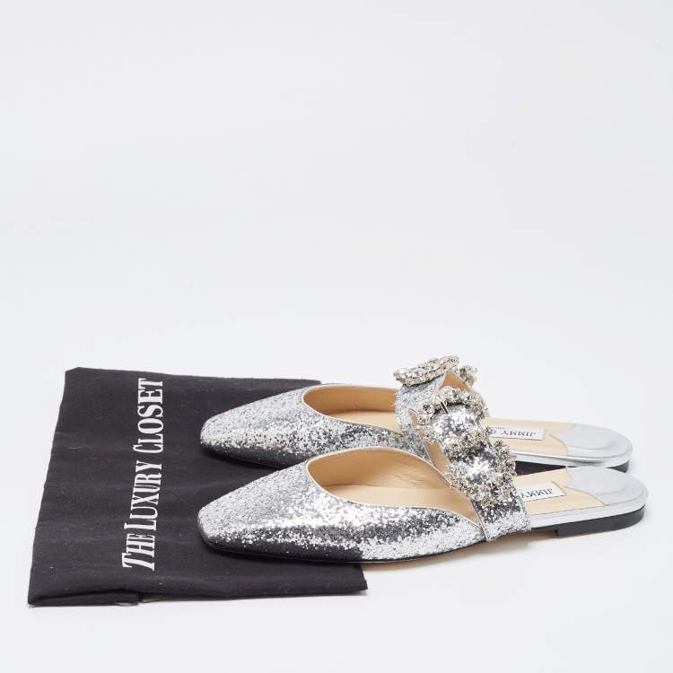 Pre Owned Jimmy Choo Silver Glitter Slide Flats Size 38.5