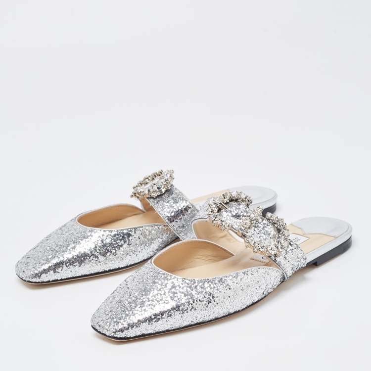 Pre Owned Jimmy Choo Silver Glitter Slide Flats Size 38.5