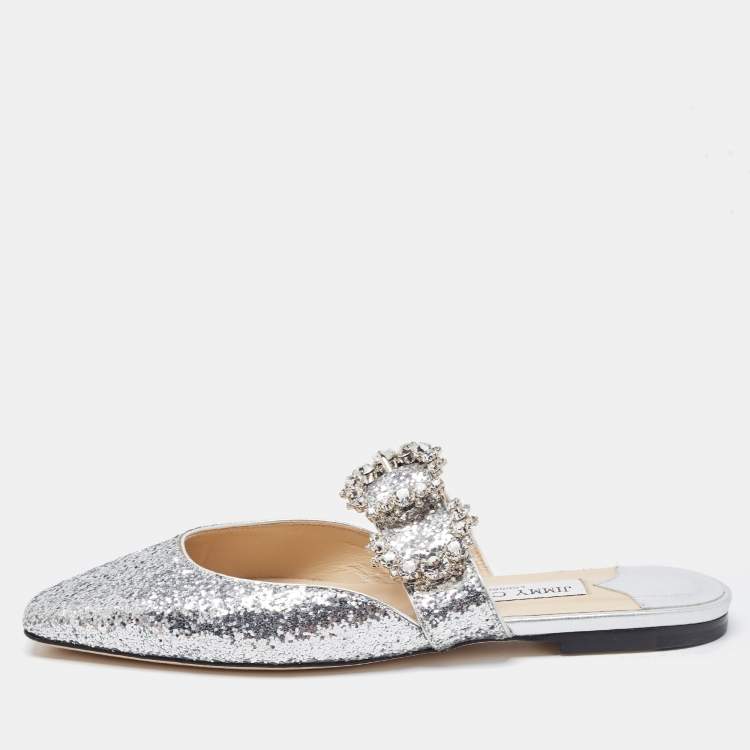 Pre Owned Jimmy Choo Silver Glitter Slide Flats Size 38.5