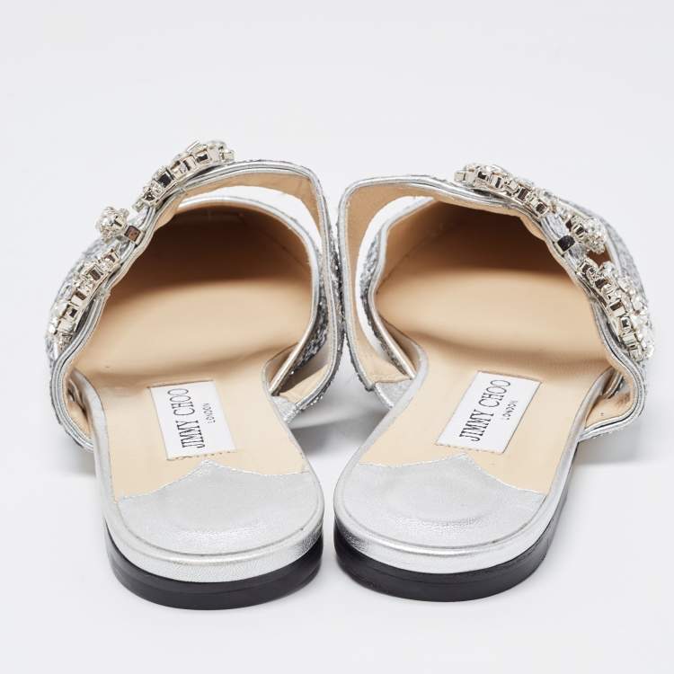 Pre Owned Jimmy Choo Silver Glitter Slide Flats Size 38.5