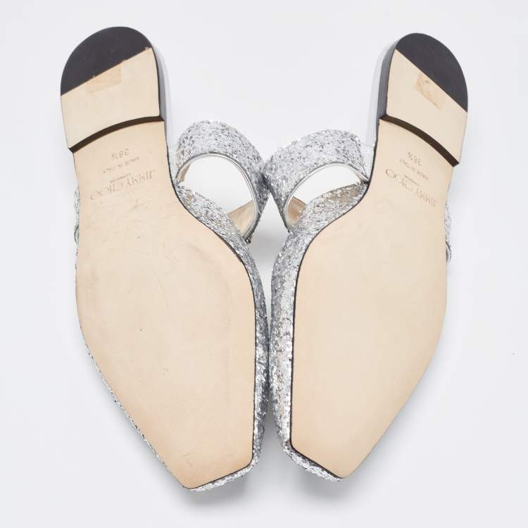 Pre Owned Jimmy Choo Silver Glitter Slide Flats Size 38.5