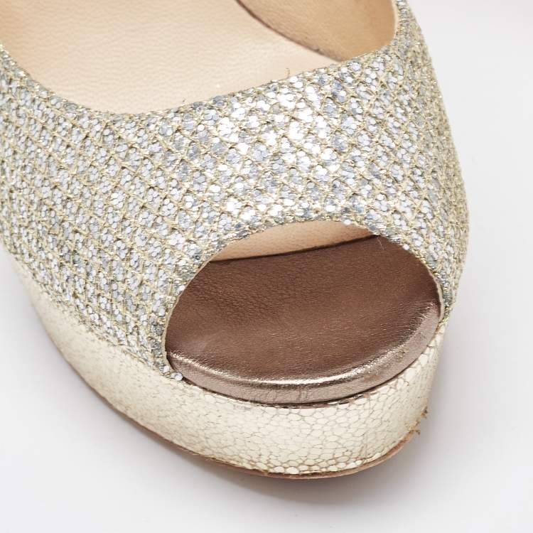 Pre Owned Jimmy Choo Silver/Gold Glitter Luna Peep Toe Pumps Size 36