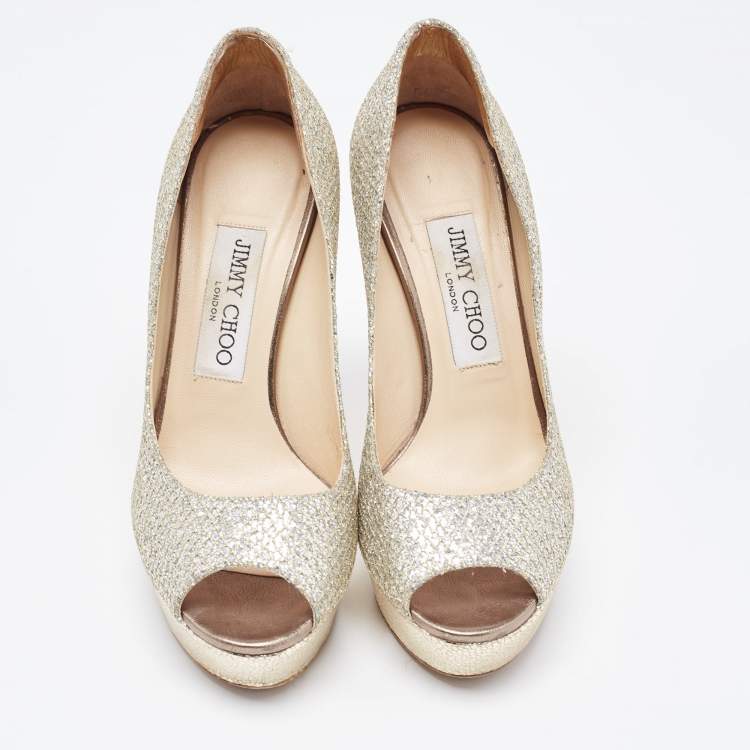 Pre Owned Jimmy Choo Silver/Gold Glitter Luna Peep Toe Pumps Size 36