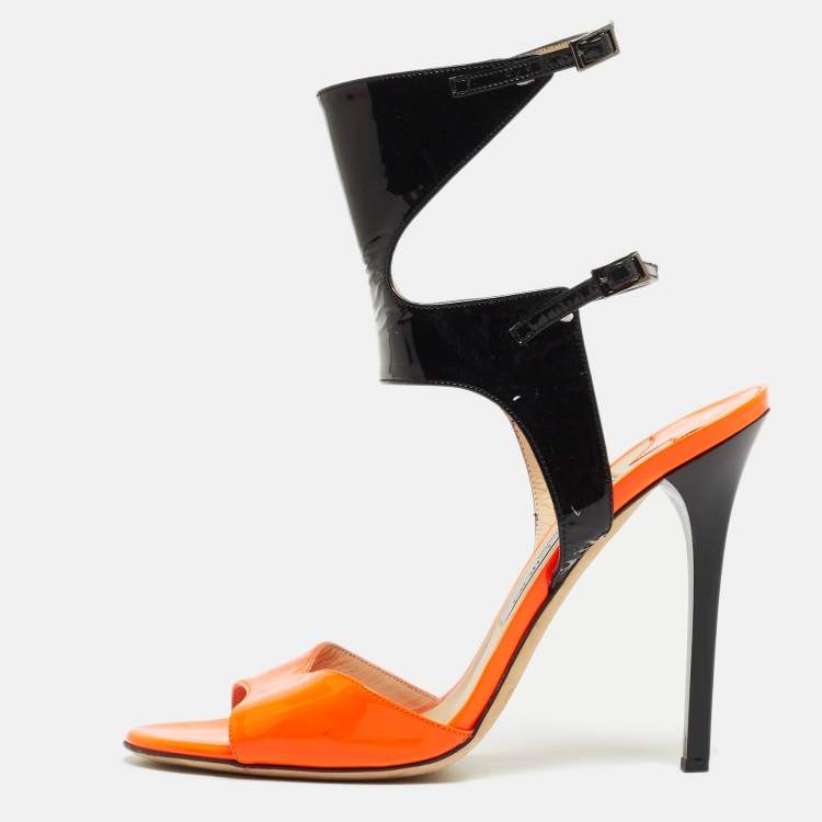 Pre Owned Jimmy Choo Orange/Black Patent Leather Ankle Strap Sandals Size 38