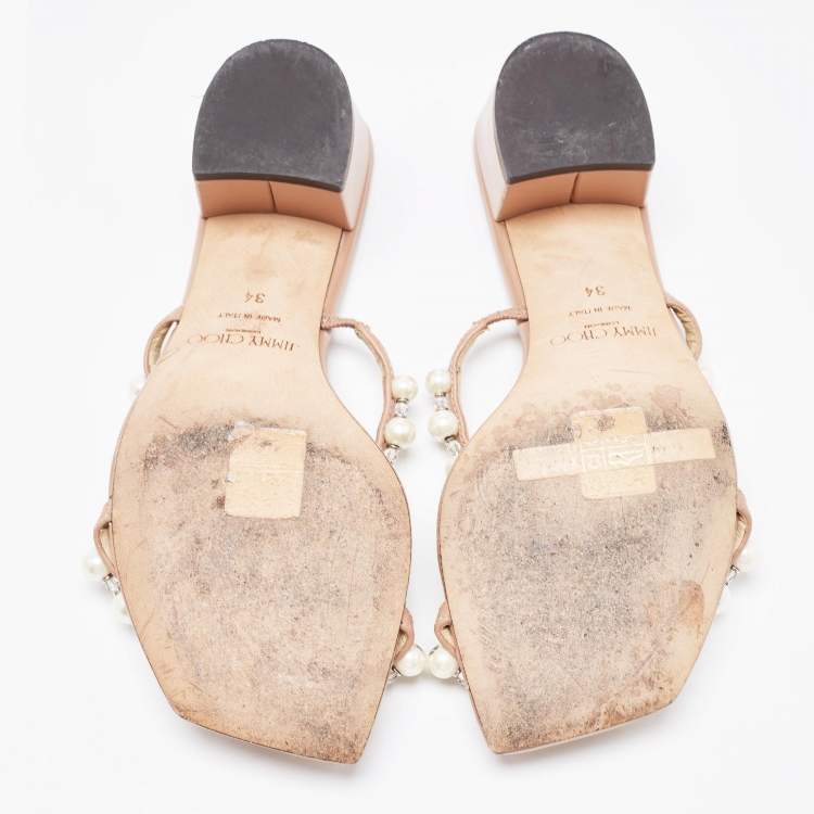 Pre Owned Jimmy Choo Beige Leather Amara Slide Sandals Size 34