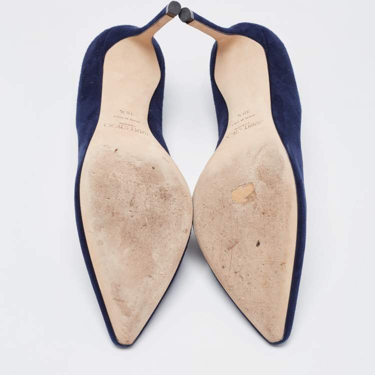 Pre Owned Jimmy Choo Navy Blue Suede Romy Pointed Toe Pumps Size 38.5