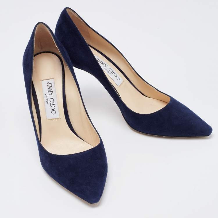 Pre Owned Jimmy Choo Navy Blue Suede Romy Pointed Toe Pumps Size 38.5