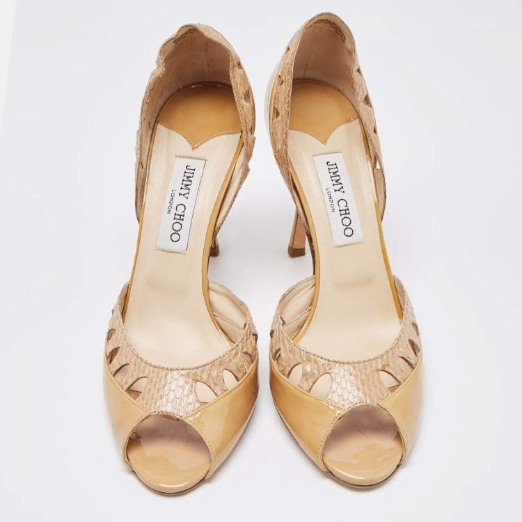 Pre Owned Jimmy Choo Two Tone Patent and Snakeskin Peep Toe D'orsay Pumps Size 40.5 