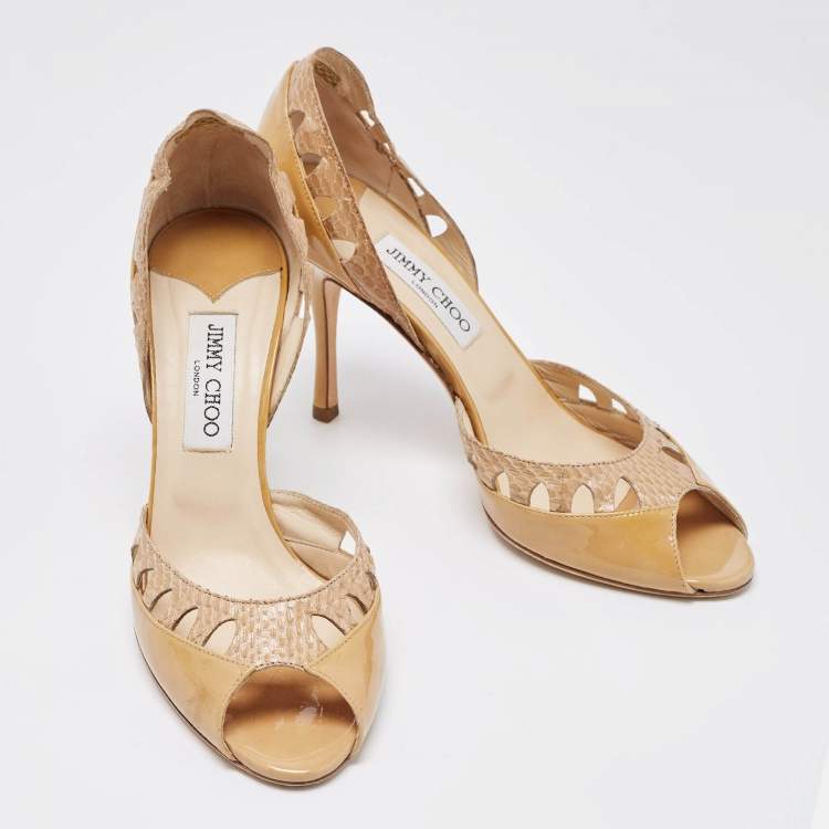 Pre Owned Jimmy Choo Two Tone Patent and Snakeskin Peep Toe D'orsay Pumps Size 40.5 