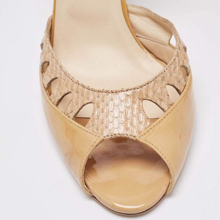 Pre Owned Jimmy Choo Two Tone Patent and Snakeskin Peep Toe D'orsay Pumps Size 40.5 