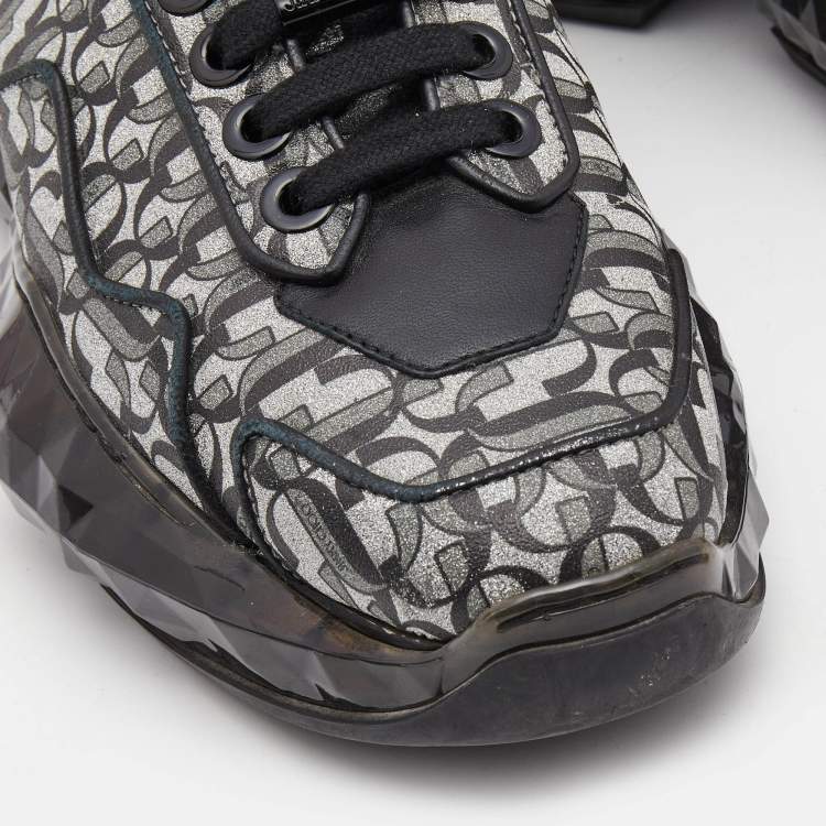 Pre Owned Jimmy Choo Black/White Leather and Glitter Diamond Sneakers Size 39