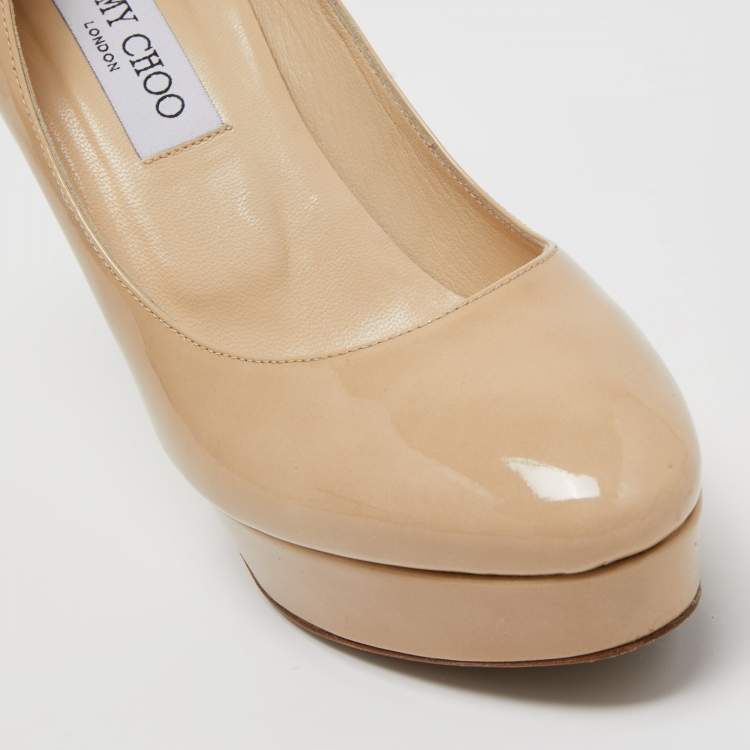 Pre Owned Jimmy Choo Beige Patent Leather Cosmic Platform Pumps Size 37