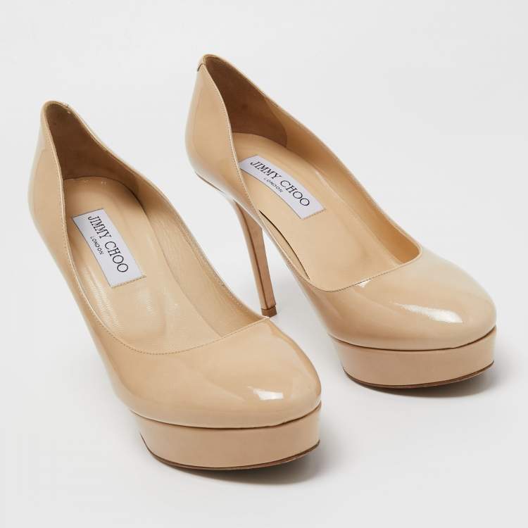 Pre Owned Jimmy Choo Beige Patent Leather Cosmic Platform Pumps Size 37