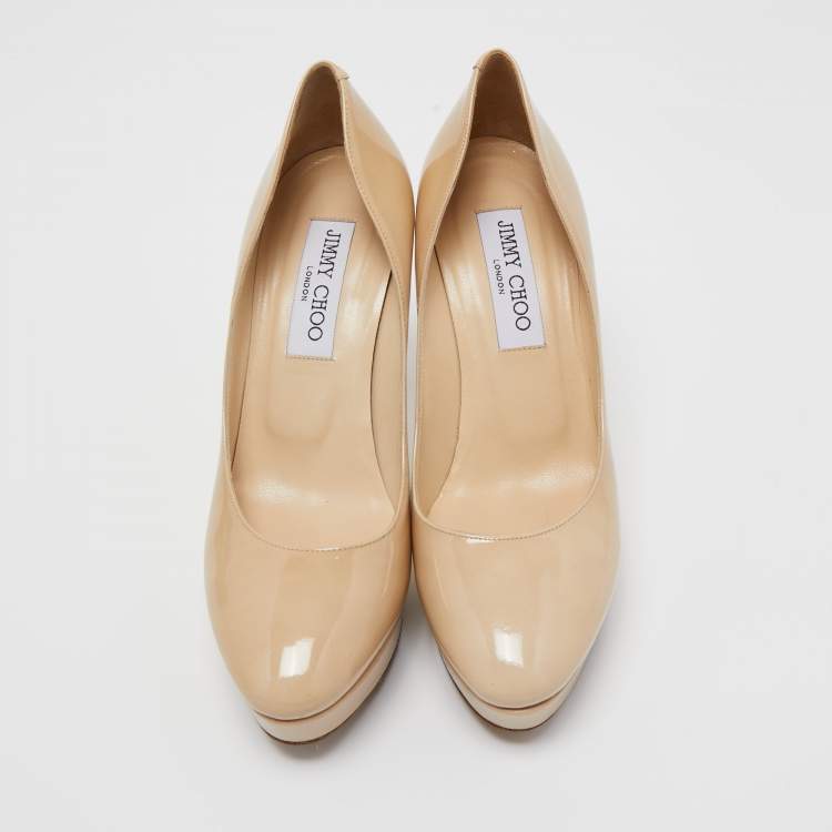 Pre Owned Jimmy Choo Beige Patent Leather Cosmic Platform Pumps Size 37
