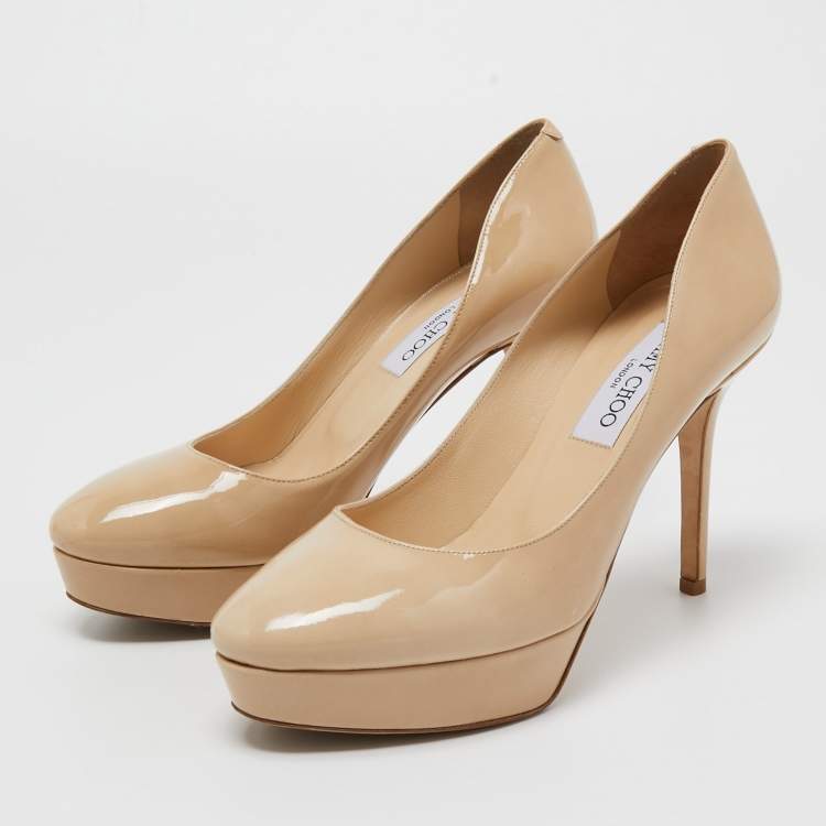Pre Owned Jimmy Choo Beige Patent Leather Cosmic Platform Pumps Size 37