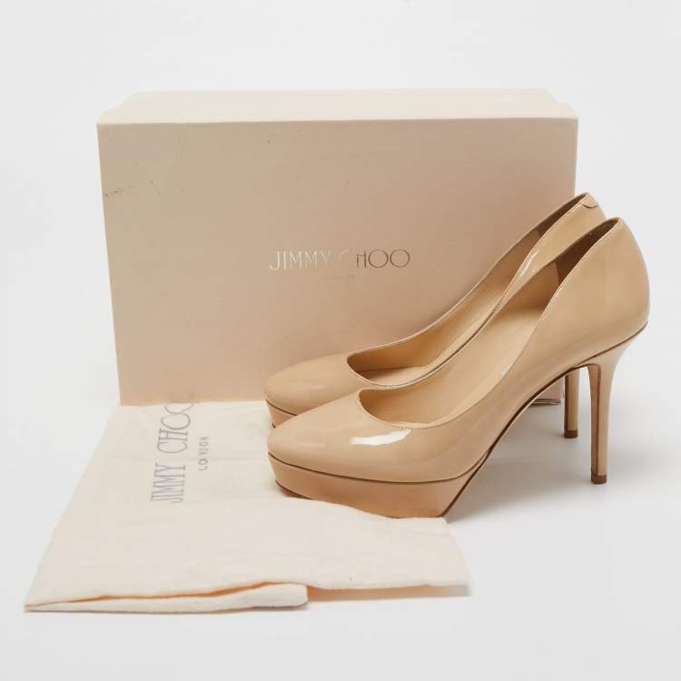 Pre Owned Jimmy Choo Beige Patent Leather Cosmic Platform Pumps Size 37