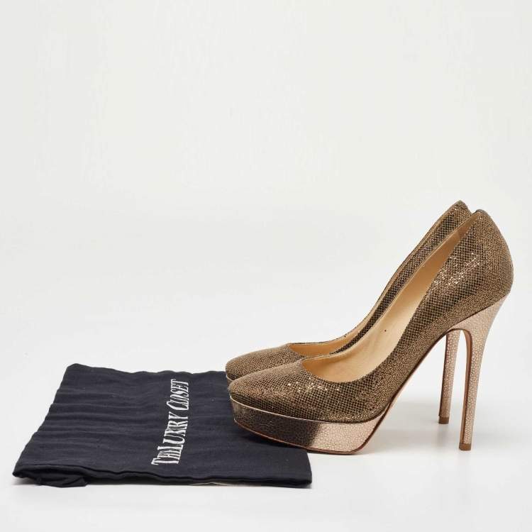 Pre Owned Jimmy Choo Gold Glitter and Leather Cosmic Platform Pumps Size 37.5