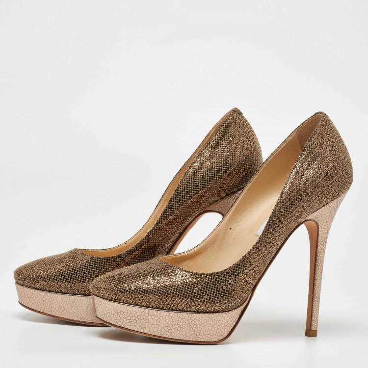 Pre Owned Jimmy Choo Gold Glitter and Leather Cosmic Platform Pumps Size 37.5