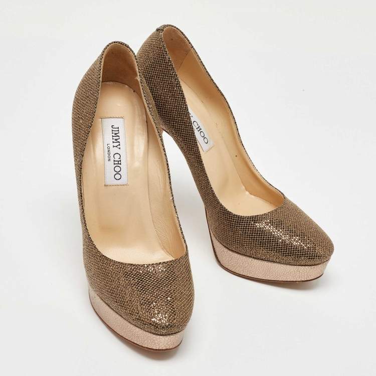 Pre Owned Jimmy Choo Gold Glitter and Leather Cosmic Platform Pumps Size 37.5